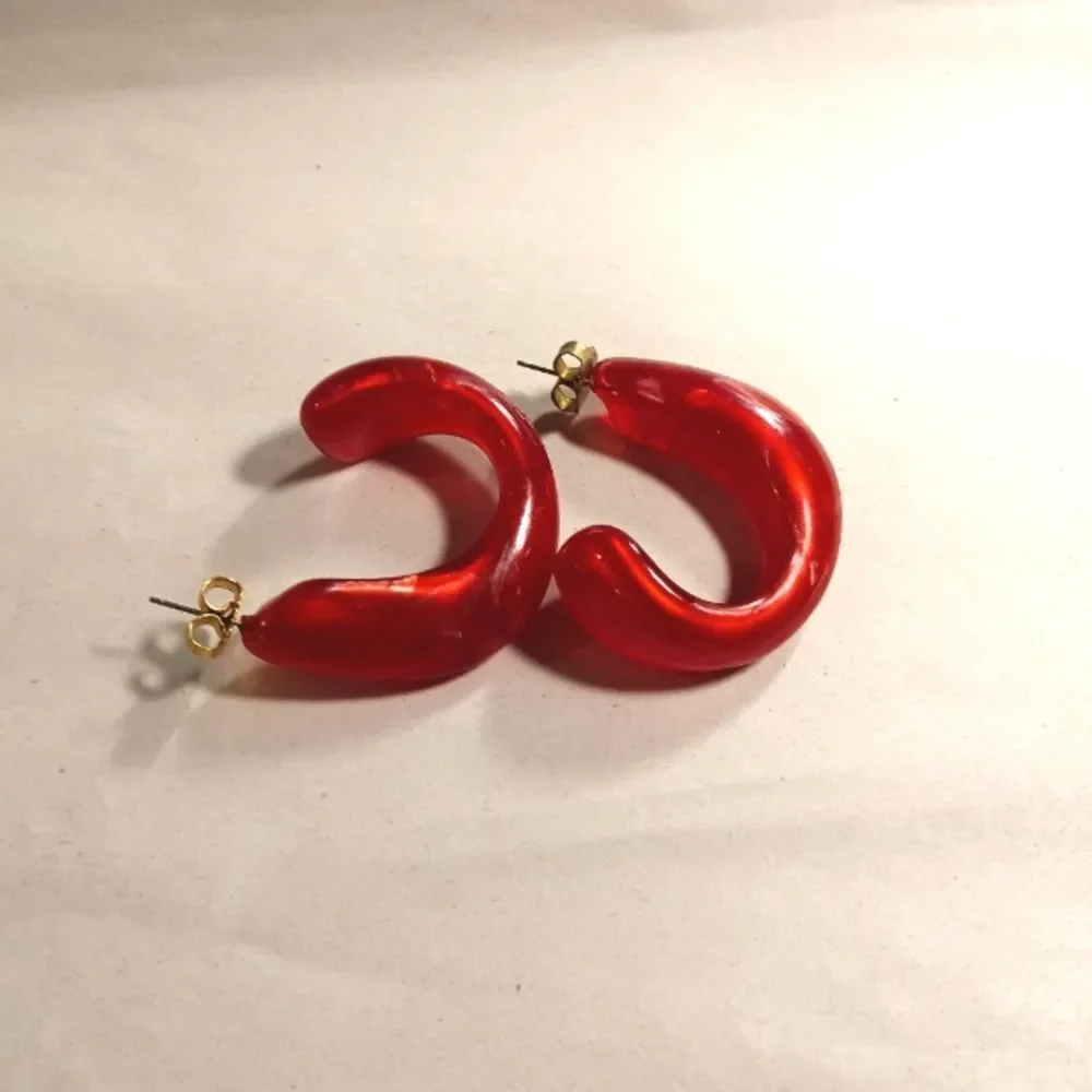Vibrant Red Resin C Shape Hoop Post Earrings